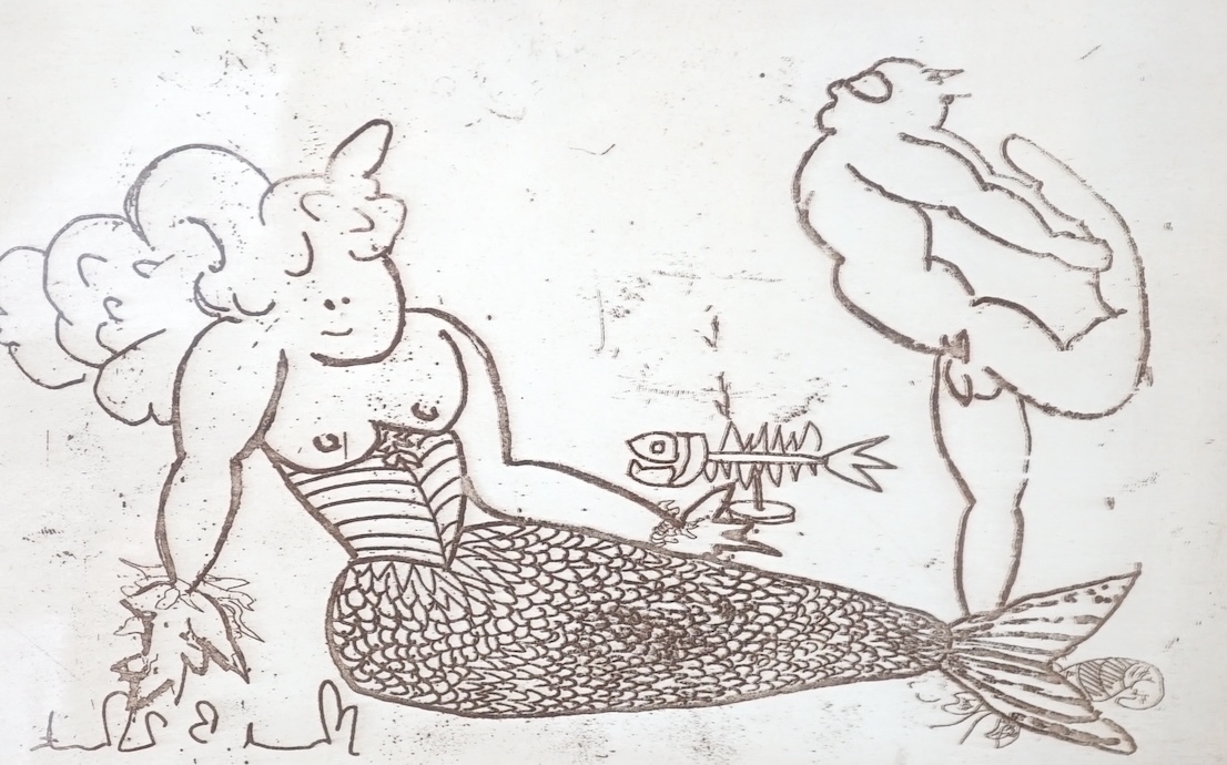 From the Studio of Fred Cuming. Michael B. White (Sussex artist), etching, 'Two Sprats In Love', signed in pencil, limited edition 9/20, 27 x 37cm. Condition - fair